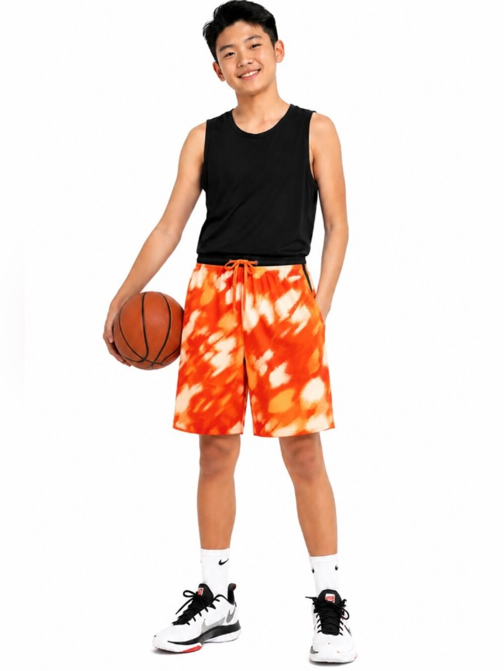 ATHLETIC WORKS Orange Yellow Black Tie-Dye Boys Basketball Shorts SIZE 18 XXL